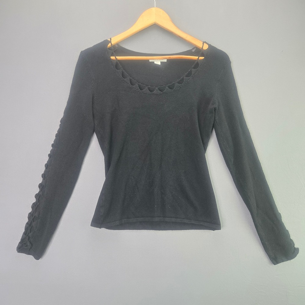Boston Proper Knit Top S Black Crochet Scoop Neck Lattice Sleeve Long Sleeve Y2K